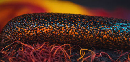 Macro shot of a red and orange corn on a black backgroundの素材