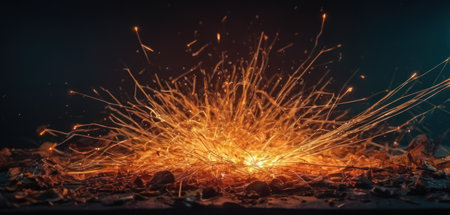 Burning sparks on a black background. Sparks from a burning fire.の素材