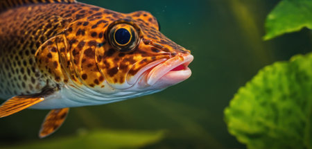 Close-up of the head of a fish in an aquarium.の素材