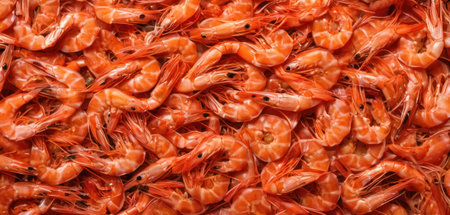 Top view of fresh raw shrimps. Seafood background.の素材