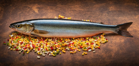 Salted herring with corn and vegetables on a wooden background.の素材