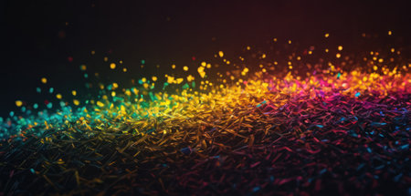 3d illustration of multicolored particles forming a rainbow against a dark backgroundの素材