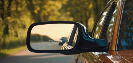 Car rear view mirror and road in the background. Road trip conceptの素材
