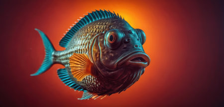 Close-up of a beautiful cichlid fish on a red backgroundの素材