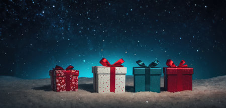 Gift boxes in snow with starry background, 3D renderingの素材