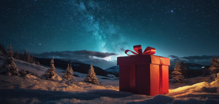 Red gift box against snowy landscape with fir trees under starry skyの素材