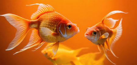 Goldfish in aquarium. Gold fish swimming in water. Beautiful orange background.の素材