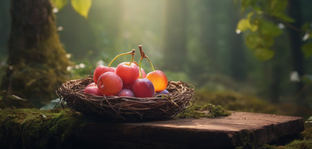 Red and yellow cherries in a basket on a mossy backgroundの素材