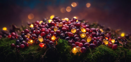 Christmas still life with cranberries and glowing lights. Selective focus.の素材