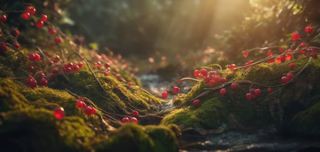 Red berries of viburnum on the green moss in the forestの素材