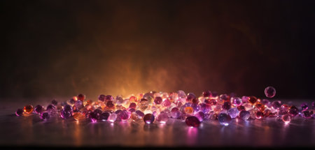 Multicolored glass beads on a dark background with smoke. Selective focusの素材