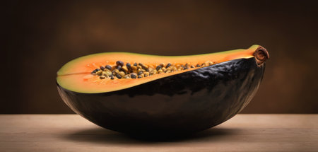Papaya fruit on wooden table and brown background. Close up.の素材