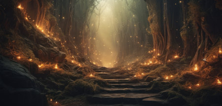 Mystical dark forest with lights and stairs. 3d renderの素材