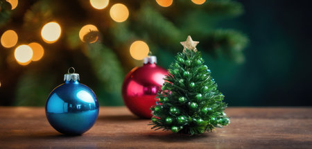 Christmas tree with decoration on wooden table and bokeh background.の素材