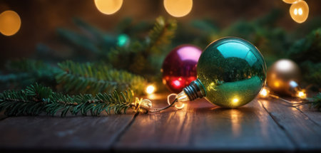 Christmas and New Year background with bokeh lights on wooden boardの素材