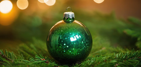 Green glass ball on Christmas tree with bokeh lights background.の素材