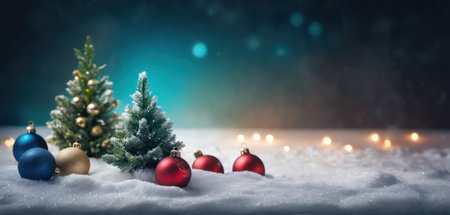 Christmas background. Festive decoration on snow. New Year concept. Copy space.の素材