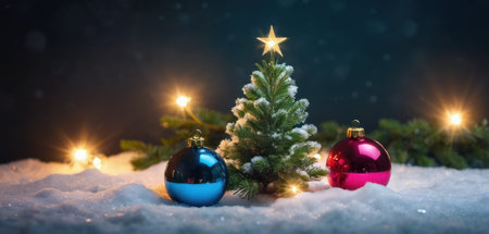 Christmas greeting card. Festive decoration on snow. New Year concept. Copy space.  Selective focus.の素材