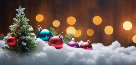 Christmas background with baubles on snow and bokeh lightsの素材