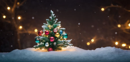 Christmas tree on snow with bokeh lights background. New Year and Christmas concept.の素材