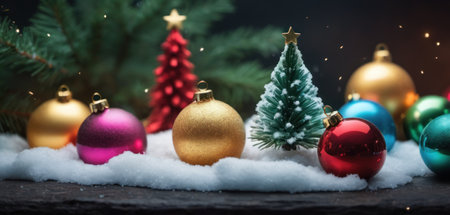 Christmas decoration on snow with fir tree and bokeh lights.の素材