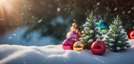 Christmas background. Festive decoration on snow. New Year concept.の素材