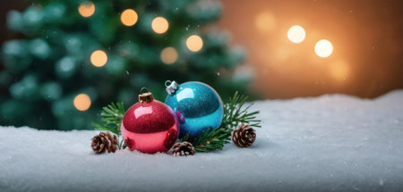 Christmas and New Year background. Festive decoration on snow. Selective focus. Holiday.の素材