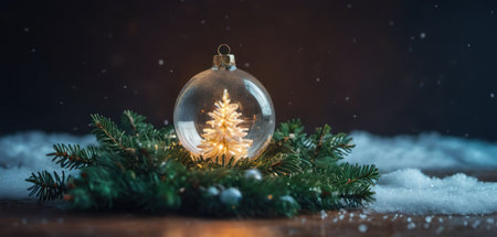 Christmas glass ball with fir branches and snow on a wooden background.の素材