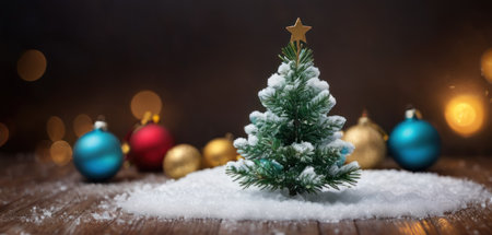 Christmas tree with snow and bokeh lights on wooden background.の素材