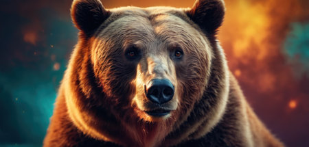 Close-up portrait of a wild brown bear on a colorful background.の素材