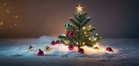 Christmas and New Year holidays background. Decorated Christmas tree on snow.の素材