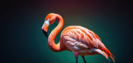 Pink flamingo on a dark green background. Close-up.の素材