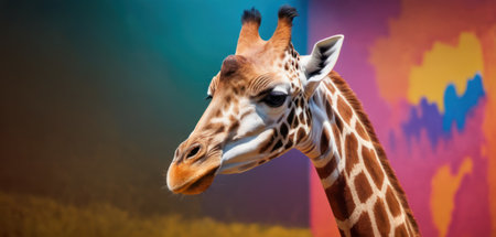 Portrait of giraffe in front of colorful background with copy spaceの素材