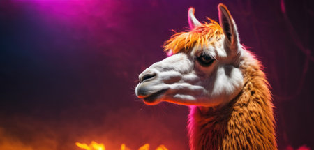 Portrait of an alpaca on a background of fire.の素材
