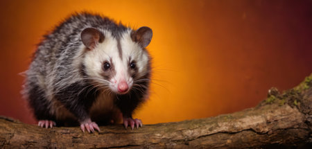 The opossum sits on a branch in front of an orange backgroundの素材