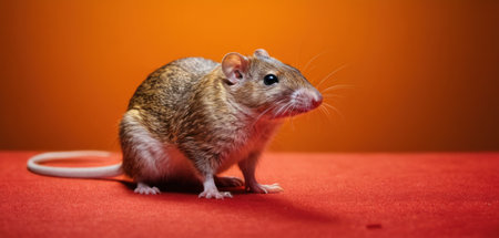 Gray rat on a red background. Close-up. Studio photography.の素材