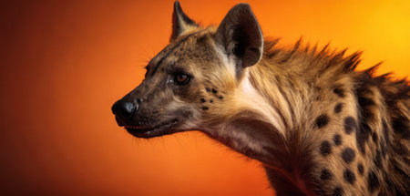 Spotted hyena portrait on orange background, close-up.の素材