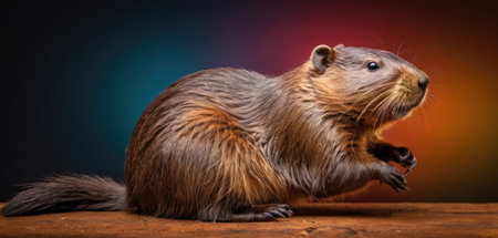 Cute rodent on a wooden table on a dark background. Studio shot.の素材