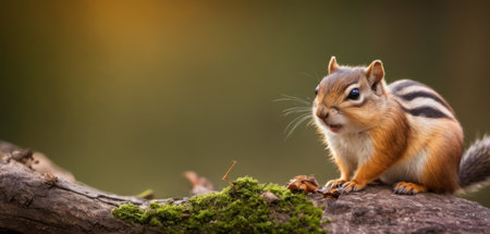 Cute chipmunk sitting on a log in the forest.の素材