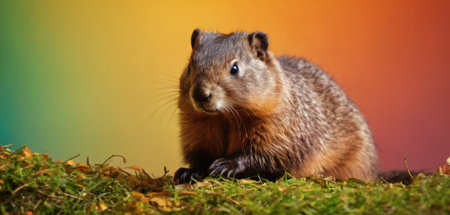 Cute marmot in the autumn forest on a colorful background.の素材