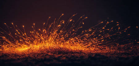 Fiery sparks fly in the air. Abstract background. Glowing sparks in the dark.の素材
