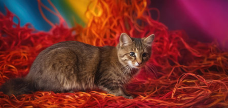 Cute tabby kitten sitting on colorful background. Studio shot.の素材