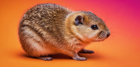 Cute brown hamster on orange background, studio shot, side viewの素材