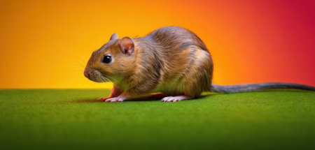 Hamster on green grass against orange gradient background. 3d renderingの素材
