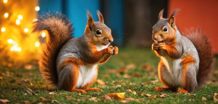 Squirrels on the lawn in the autumn park eating nuts.の素材