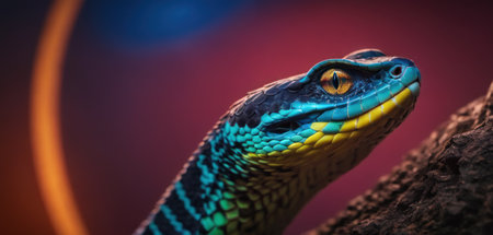 close-up of a colorful snake on a dark background in neon lightの素材
