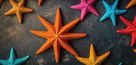 Colorful starfish on dark background. Top view, flat layの素材