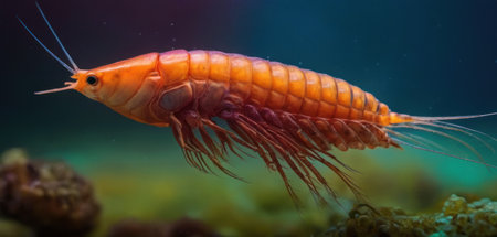 Close-up of a tiger shrimp in an aquarium. Shallow depth of field.の素材