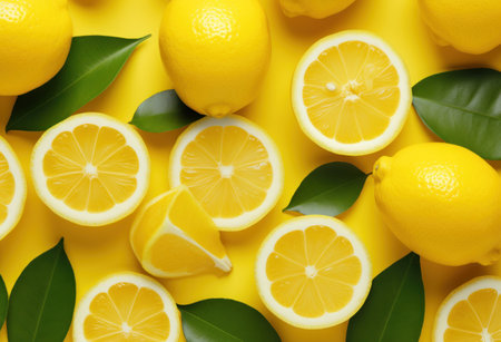 Lemons and lemons with leaves on yellow background, top viewの素材