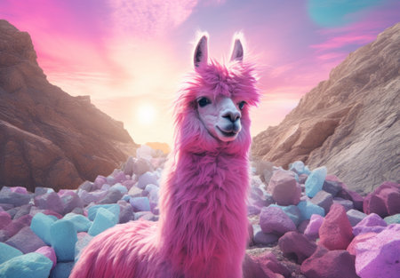 Llama in the desert at sunset. 3d illustration.の素材